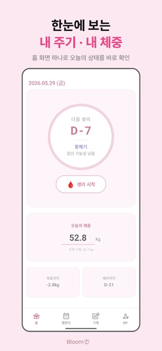 Bloom home screen with cycle ring and weight